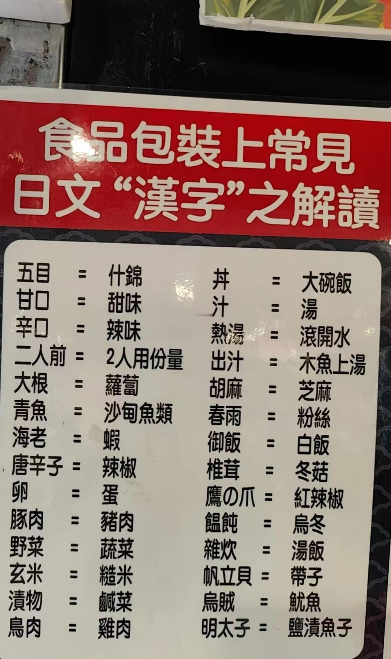 香港超市里有大量的日本进口食品，于是乎超市里有这样一块牌子，你可以大体看得懂一些