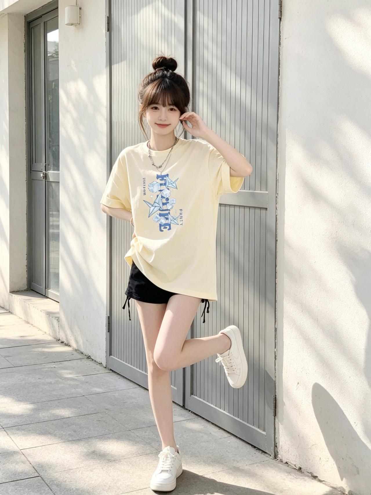 夏日清新穿搭，黄色T恤+黑色短裤，轻松自在！🌞👗👟女人如何穿出含蓄的性感?