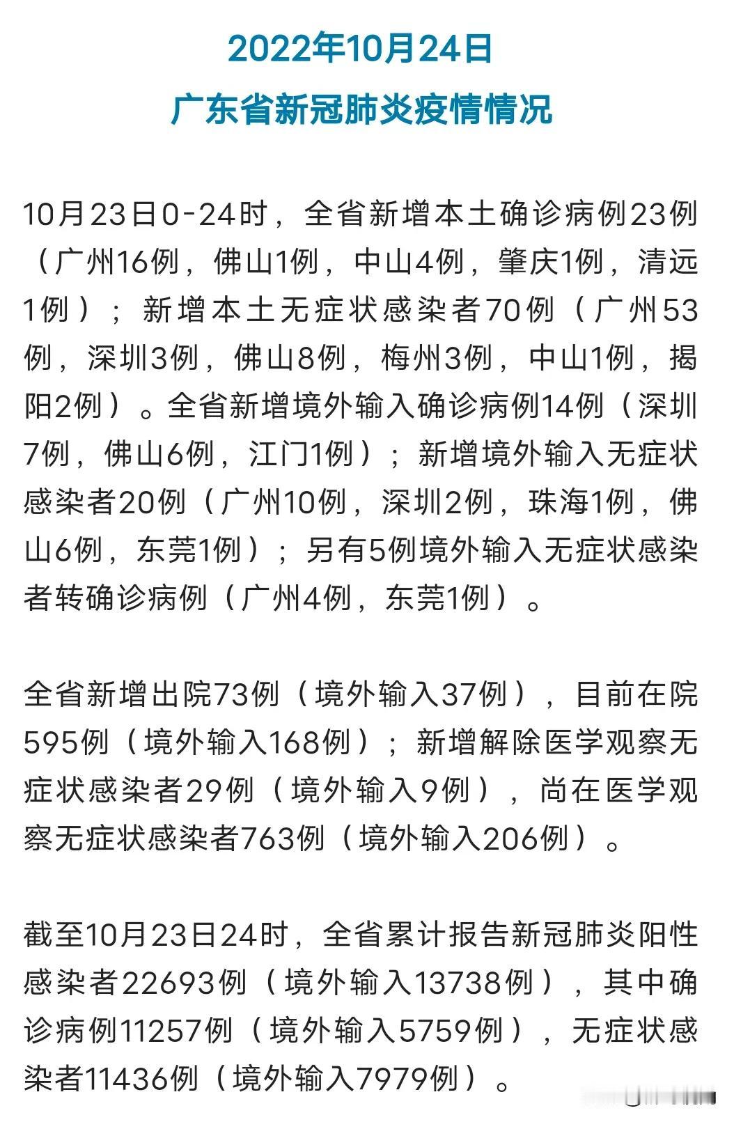 10月23日，广东新增本土感染者23+70例，分布在广州，佛山，中山，肇庆，清远