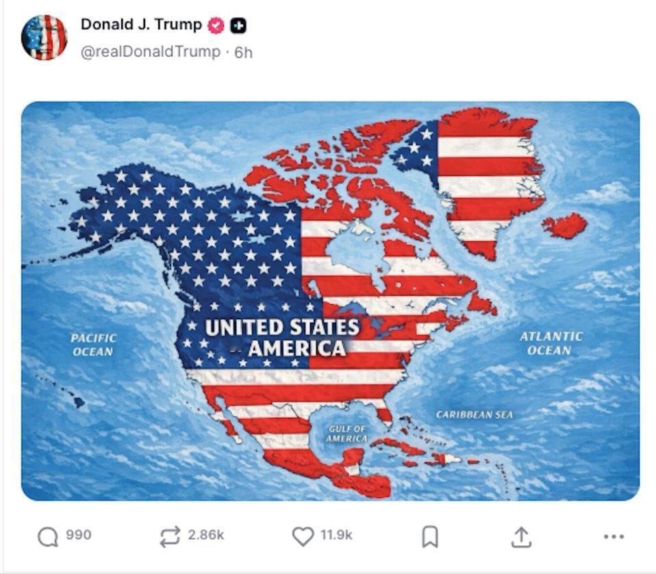 特朗普画了张 "大美国地图"，把半个地球涂成了星条旗。


这次可是 "大动作"