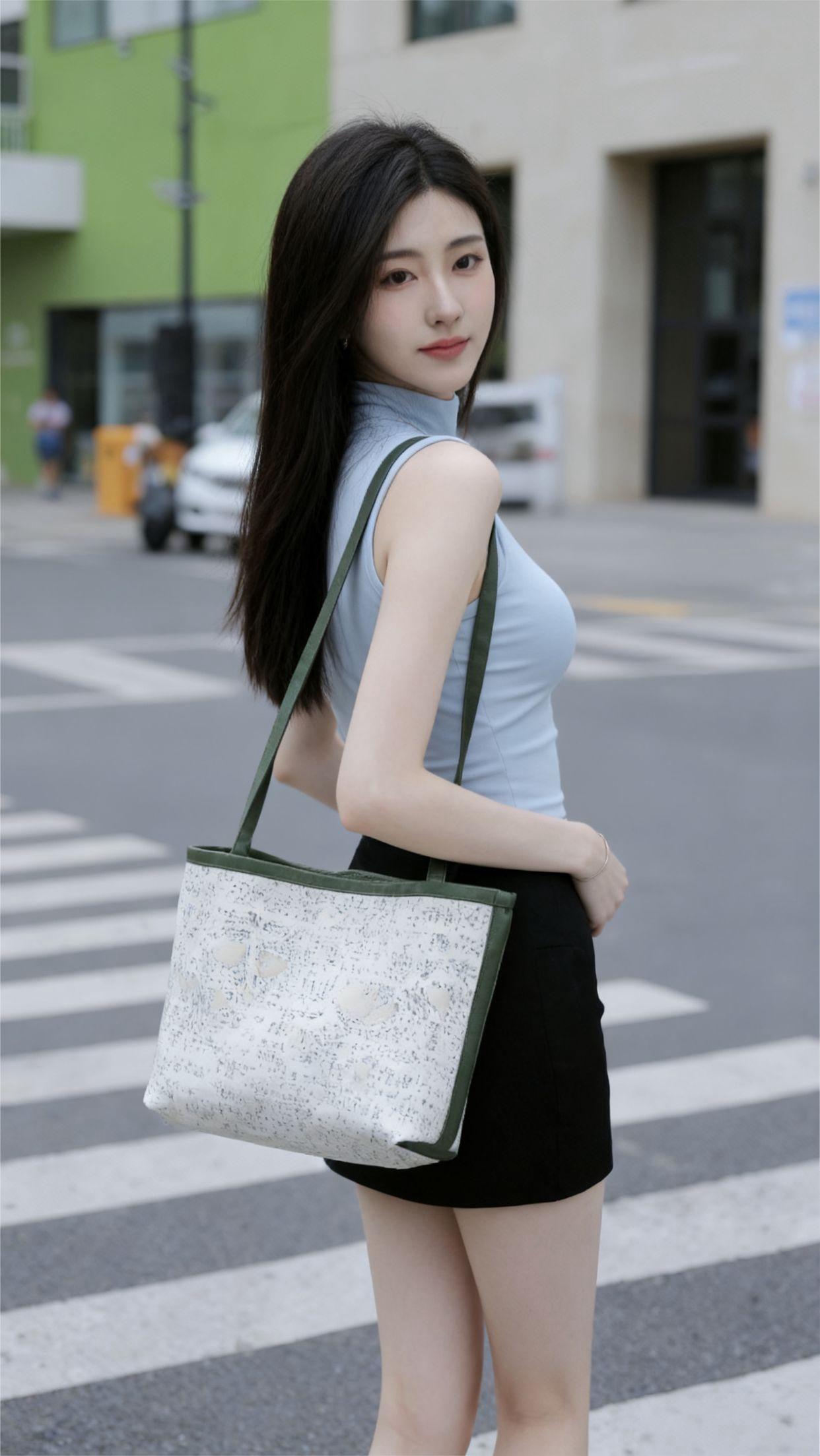 都市街头，甜美少女，手提包时尚穿搭