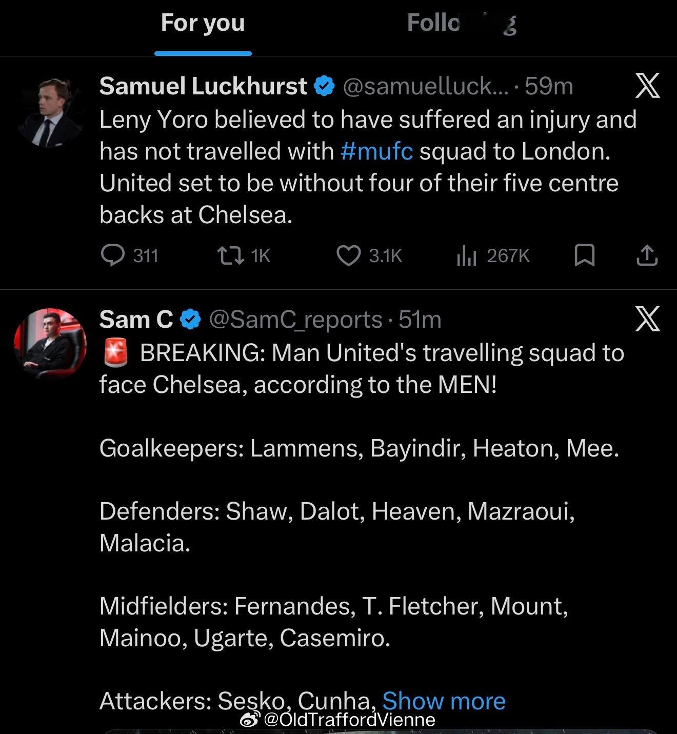 约罗因伤缺席随队前往伦敦对阵切尔西曼联几乎没中卫了看到随队名单麻辣虾…切尔西vs