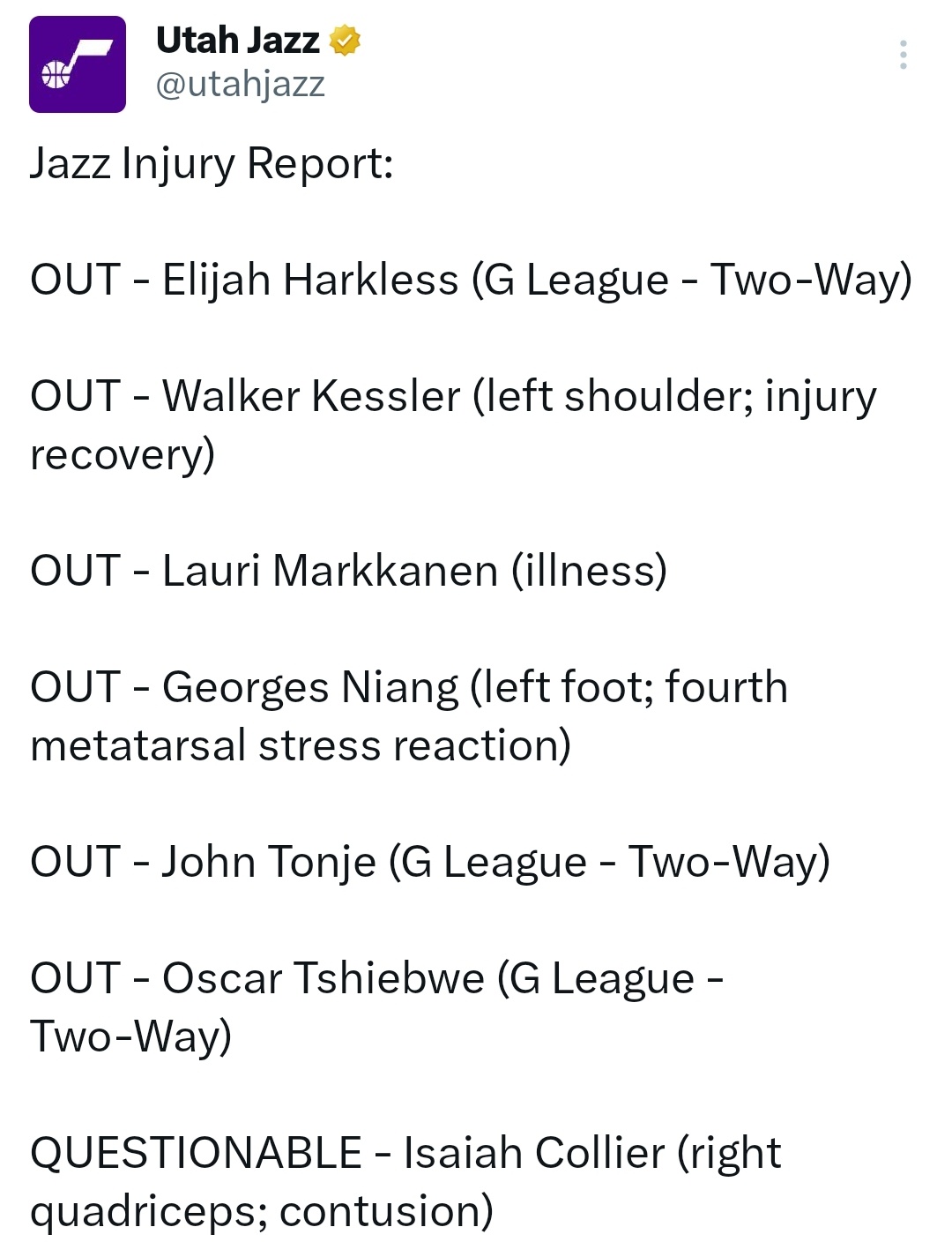 爵士队伤病名单：缺席：马尔卡宁凯斯勒哈克莱斯乔治·尼昂约翰·汤杰奥斯卡·希布韦出