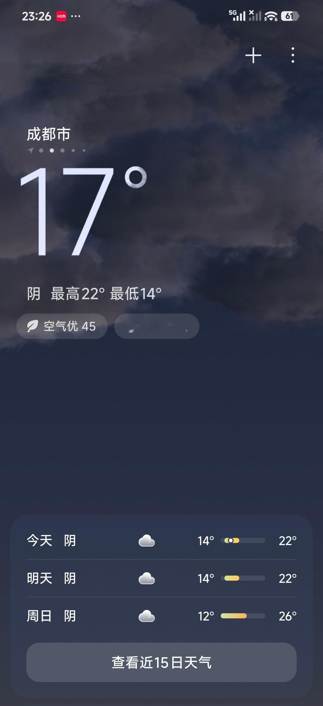 成都最低温度14度，这是我记忆中最冷的一次五一节。以前五一都是艳阳高照，热的穿T