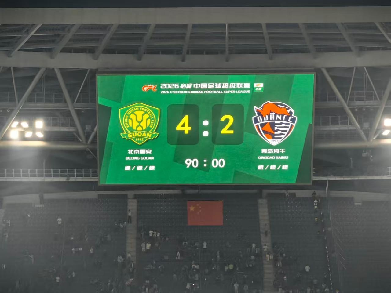 北京国安 vs 青岛海牛，最终比分4:2，比赛结束！🏆🎉
