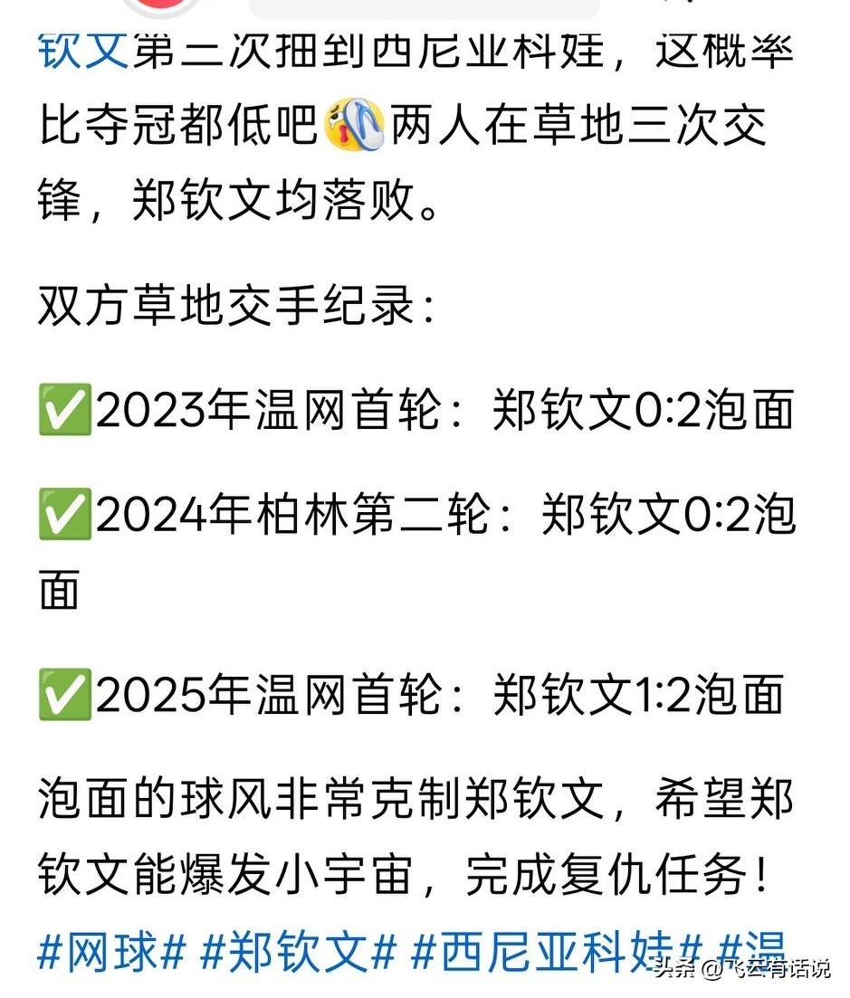 郑钦文温网再次遇到这个克自己的西尼亚科娃，是不是太凑巧了
这个来组捷克的西尼亚科