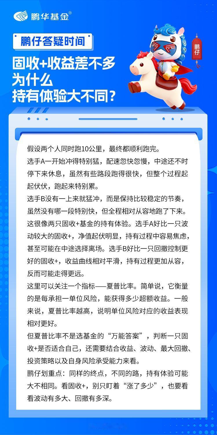 最近有鹏友问了一个挺有意思的问题：“两只固收+，长期收益差不多，为什么持有一只很