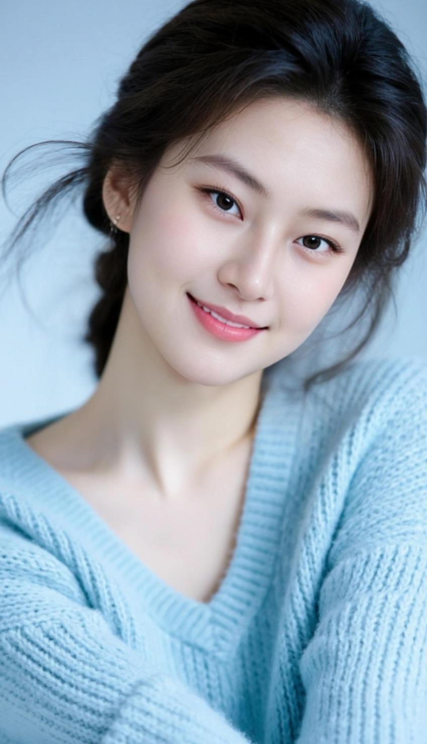 温柔甜美的少女，浅蓝色毛衣，微笑迷人，元气满满！😊💕