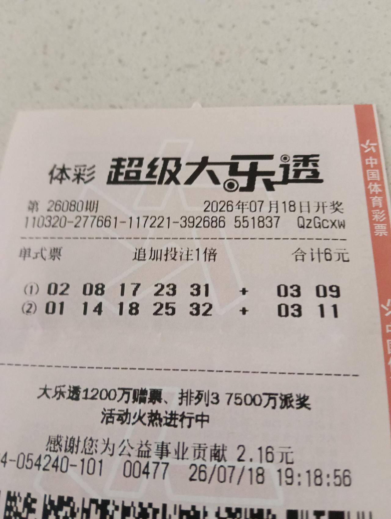 大家看看。这就是我昨天晚上买的大乐透。又做贡献啦！你们中奖了吗？没中不奖的朋友们