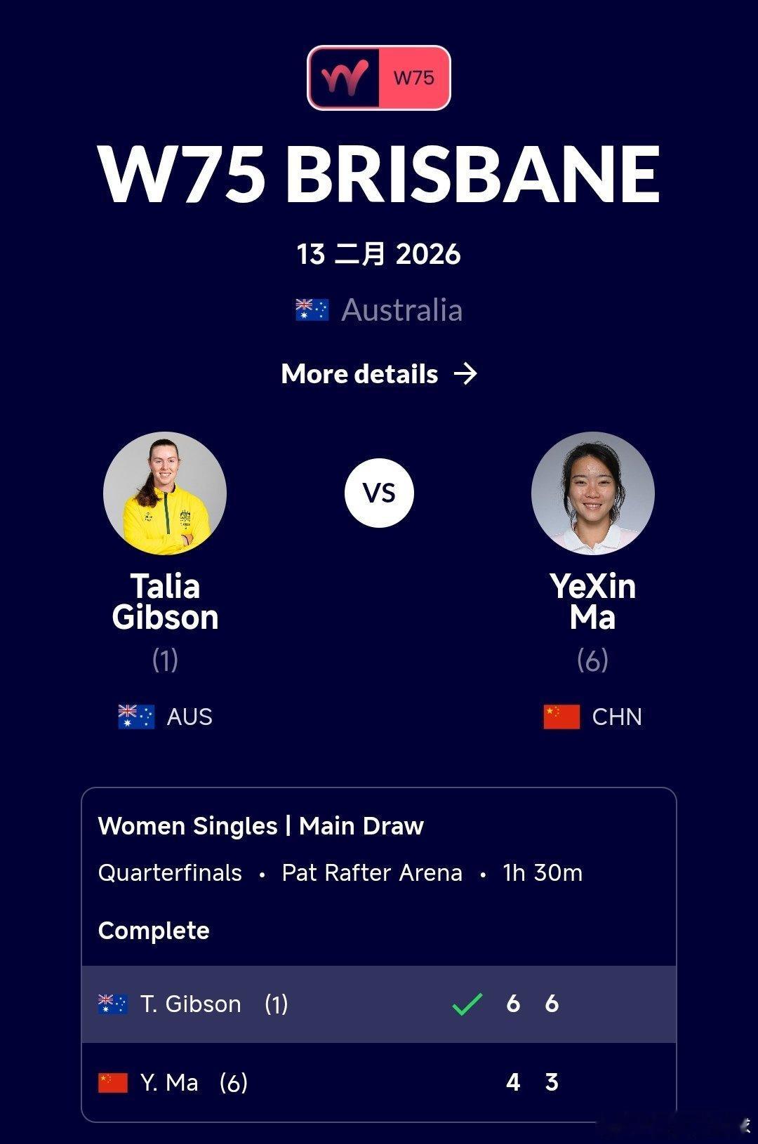 W75布里斯班站🇦🇺女单8进4马烨欣🇨🇳4-6/3-6不敌头号种子吉布森