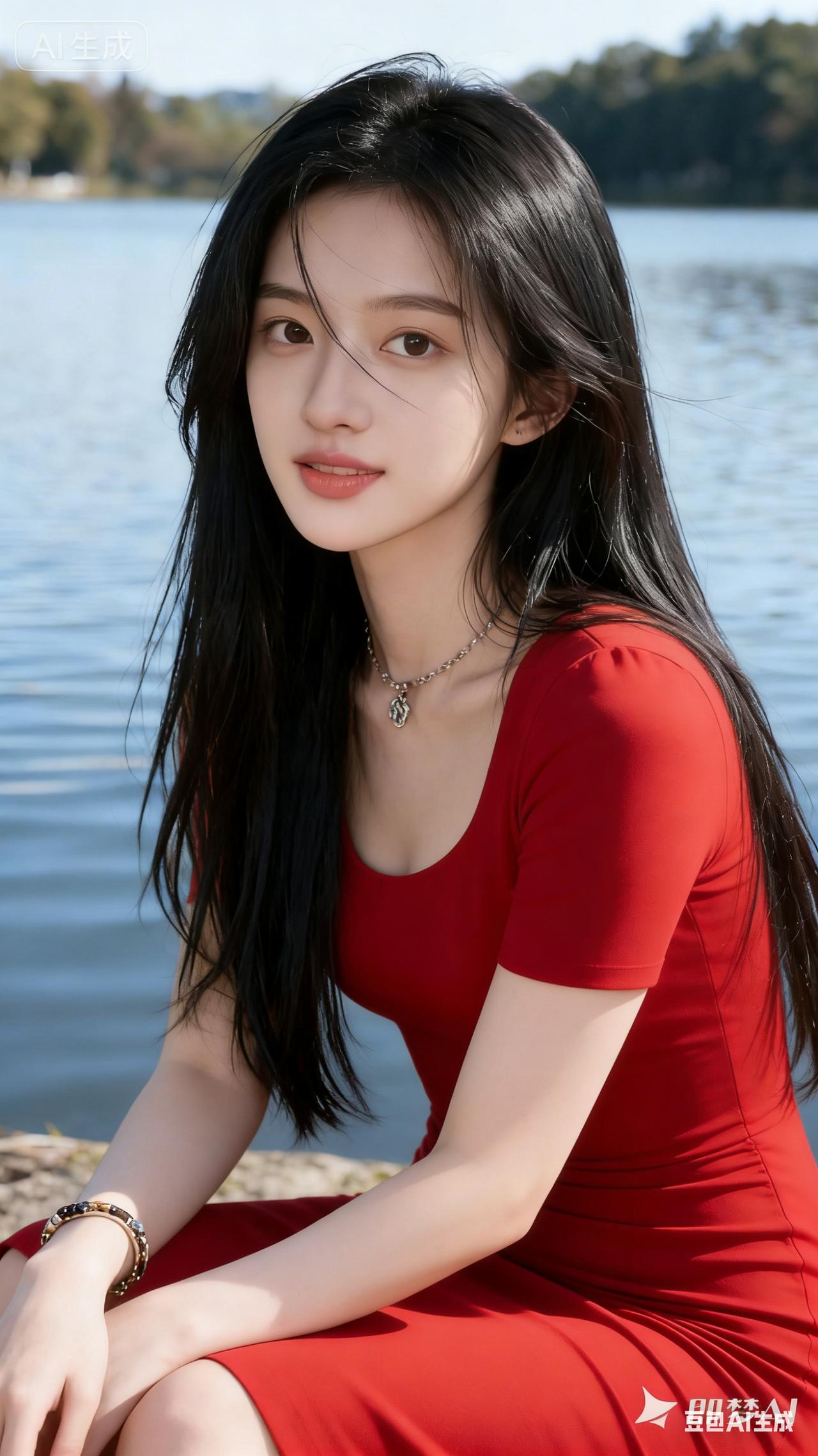 夏日湖畔红裙少女，清新自然，美不胜收！🌞💃🌸