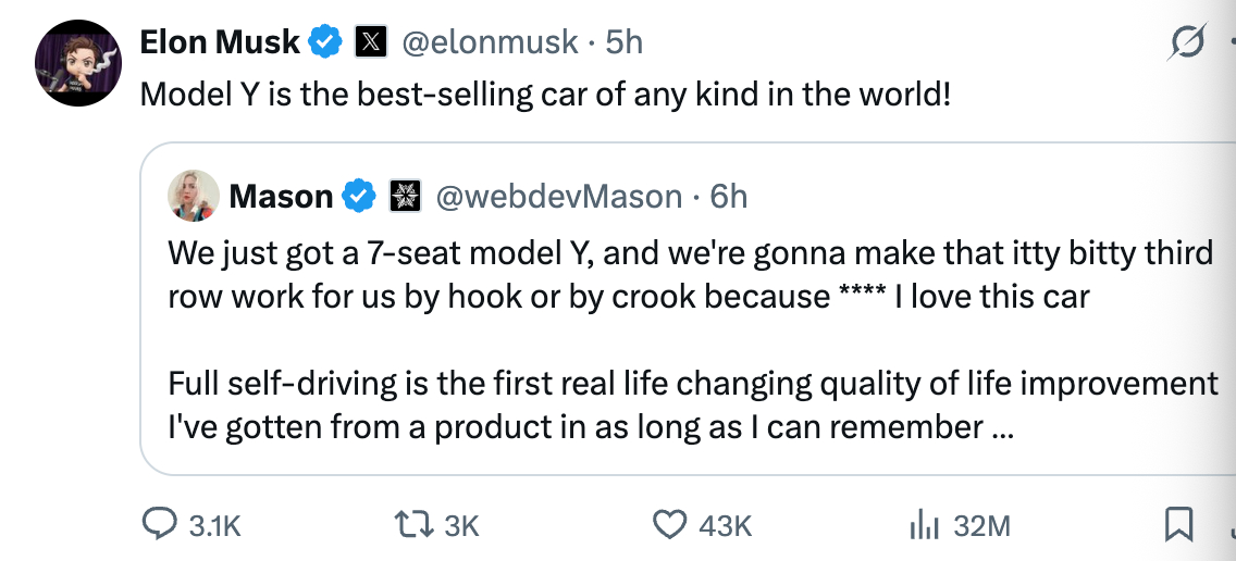 ModelY连续三年全球销量第一  马斯克依然坚持：Model Y 连续三年（2