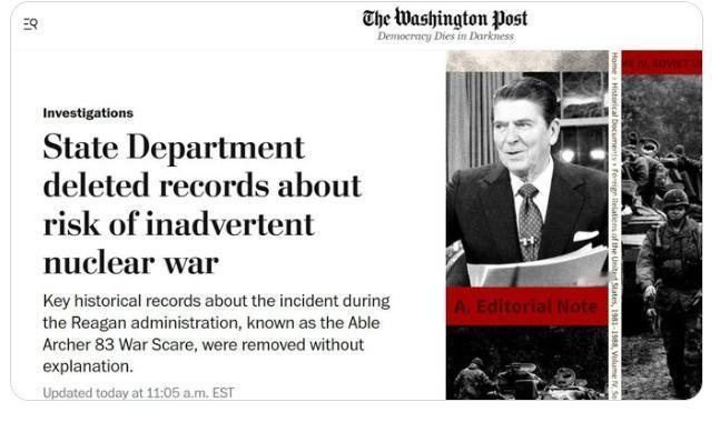 【美国国务院因北约1983年的演习而删除了有关与苏联发生核战争风险的记录——《华
