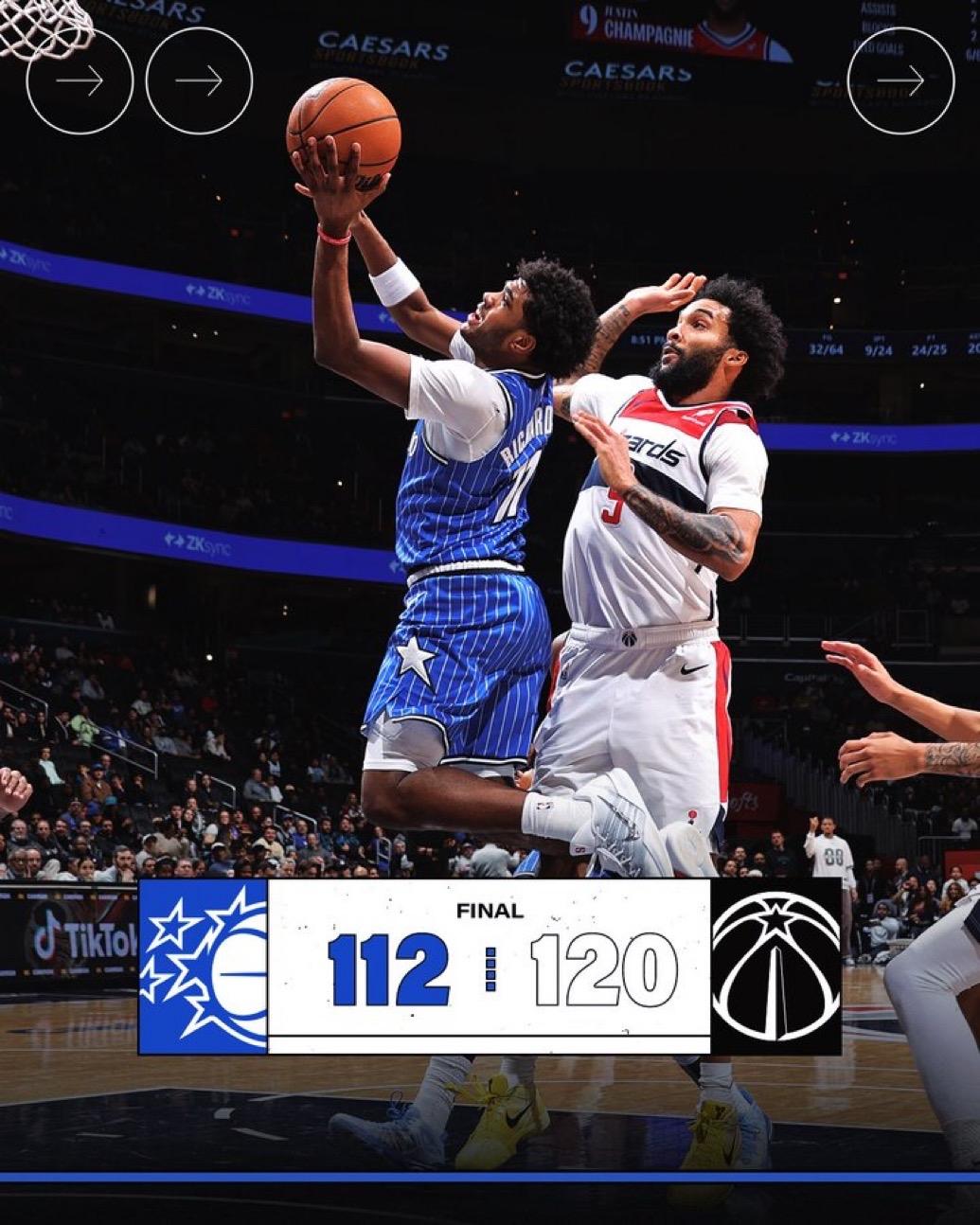 1月7日NBA常规赛战报（6场）：

魔术112-120奇才
骑士120-116