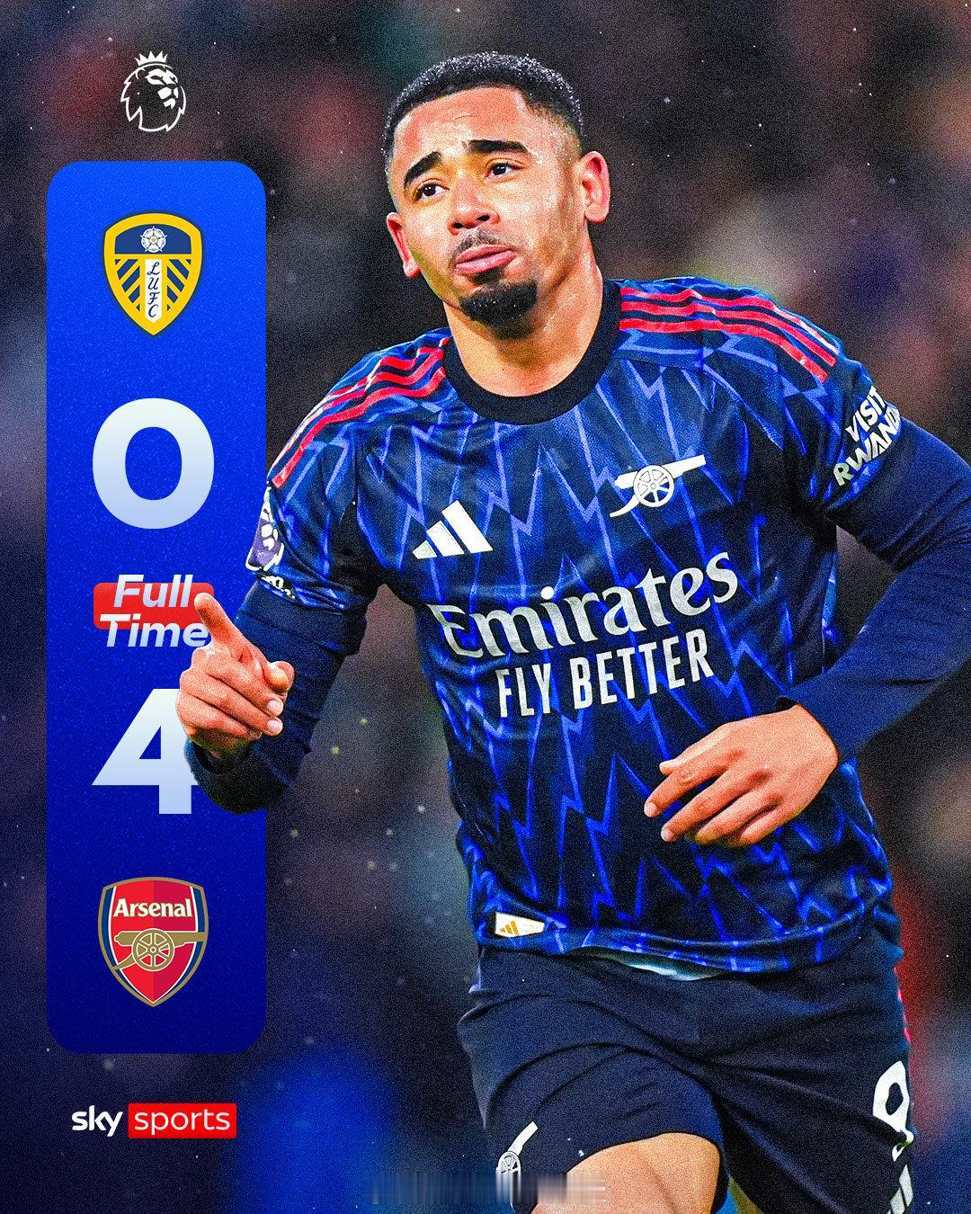 利兹联0比4阿森纳 全场比赛结束，阿森纳在埃兰路球场表现出色，在英超积分榜上领先