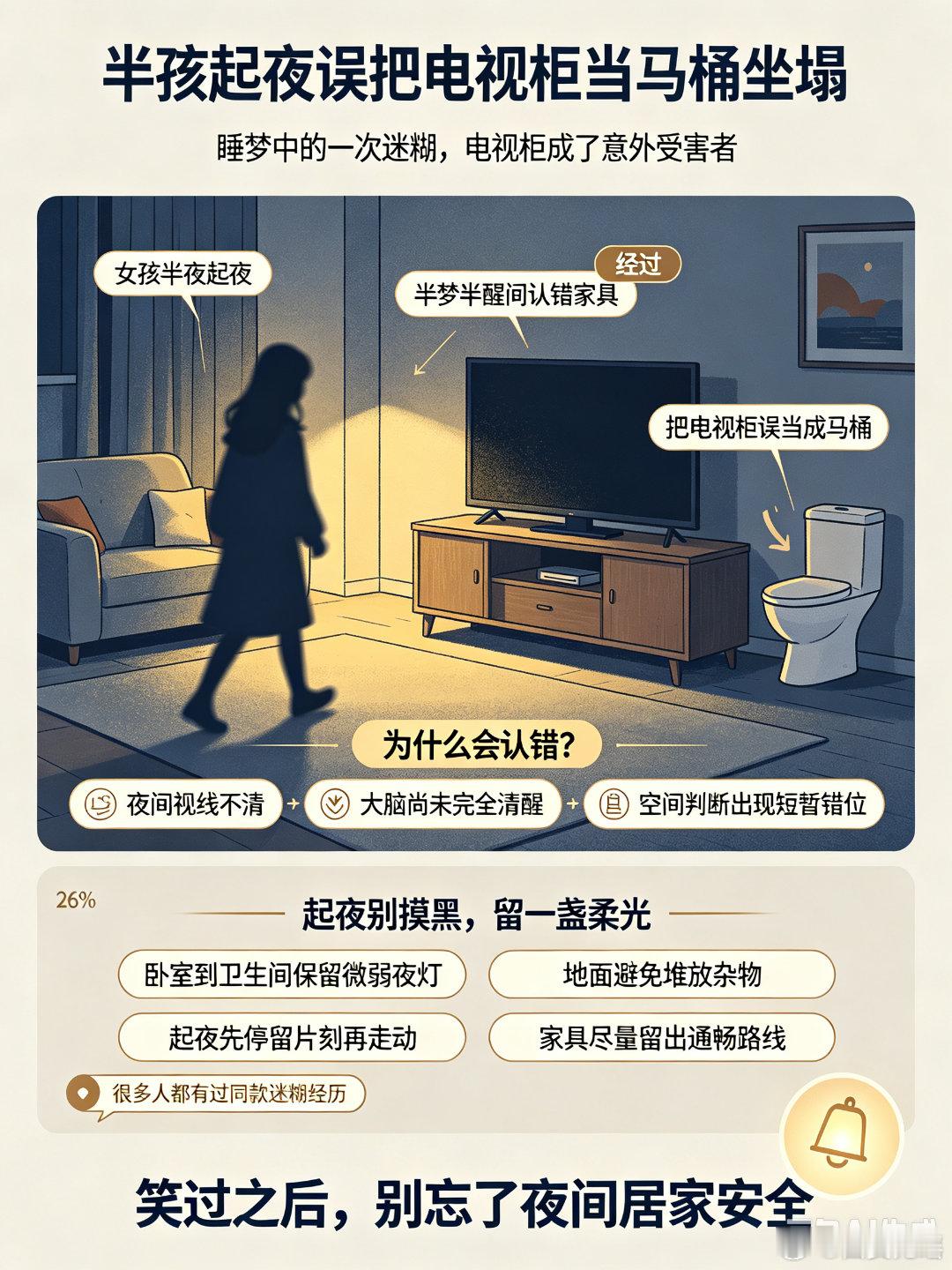 女孩起夜如厕误把电视柜当马桶坐塌一则生活趣事引发网友热议：女孩半夜起夜，睡梦中意