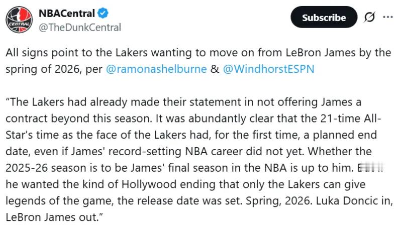 【ESPN：詹姆斯与湖人，即将分道扬镳？🏀】今日，ESPN记者Ramona S