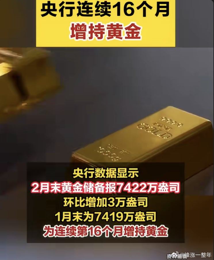 央行连续第16个月增持黄金 中国2月末黄金储备为7422万盎司（约2308.5吨