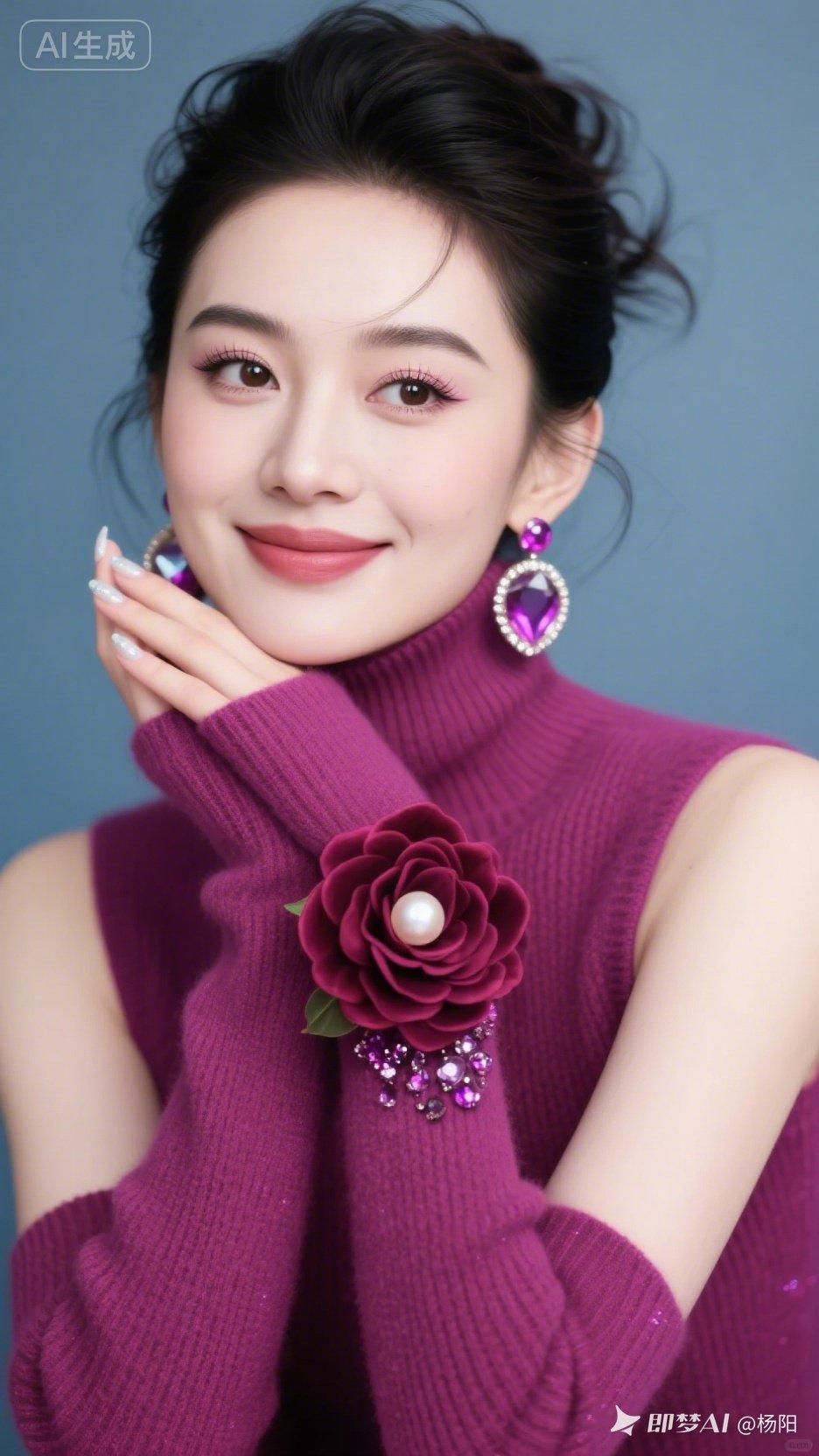 美女着高定紫红羊绒高领衫，紫红碎钻耳坠，异形钻美甲。高盘发微乱透光，冷白水光肌，