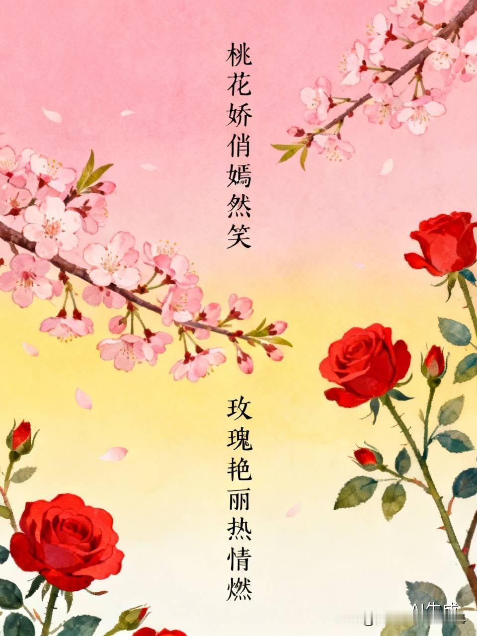上联：桃花娇俏嫣然笑；橙子邀对，，玫瑰艳丽热情燃！[烟花]