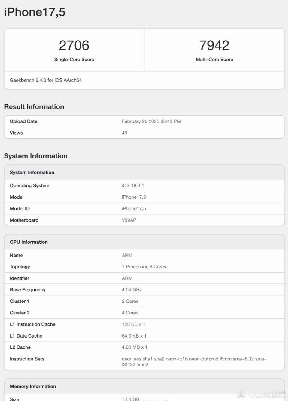 iPhone 16e 的 GeekBench 6 跑分出来了，设备识别码 iPh