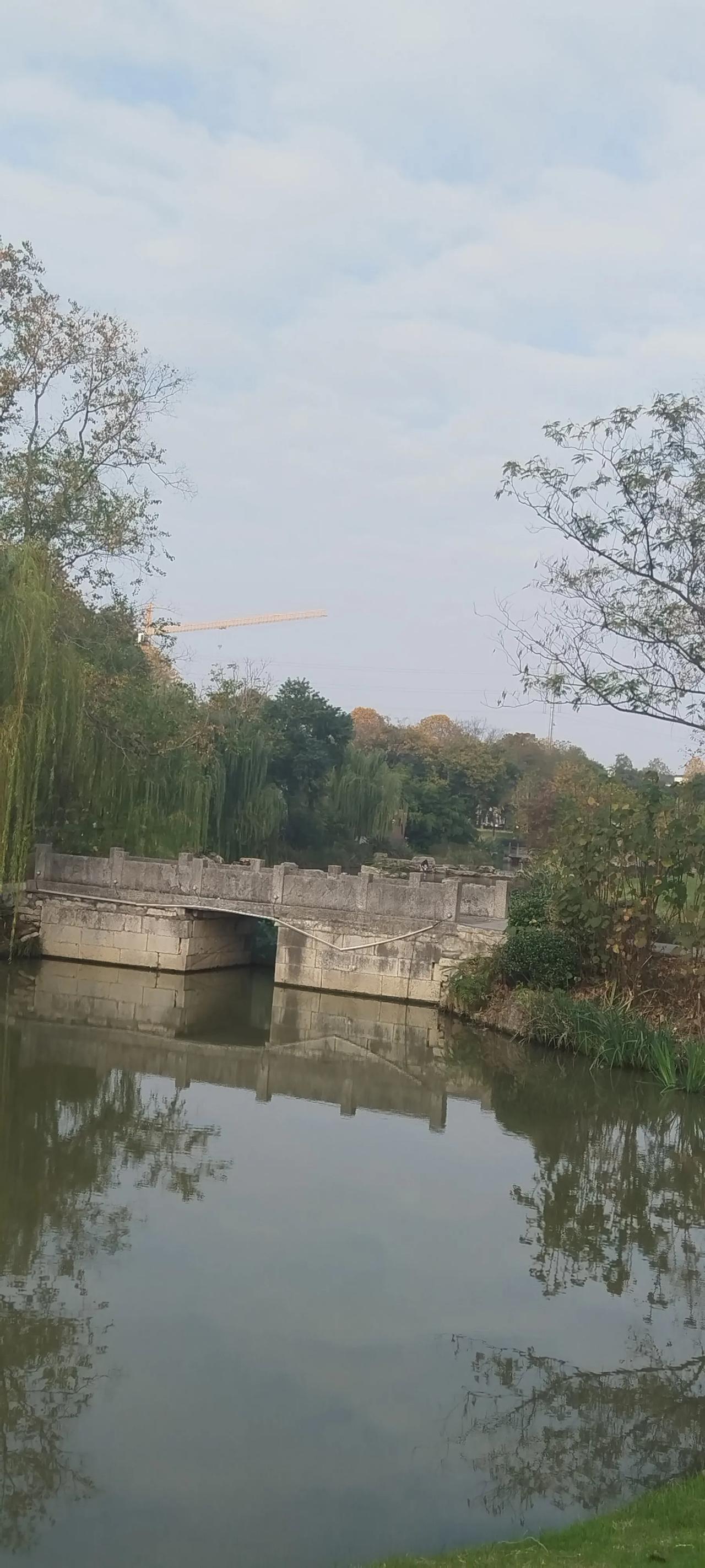 桥畔流水映蓝天，绿树成荫赏秋光。