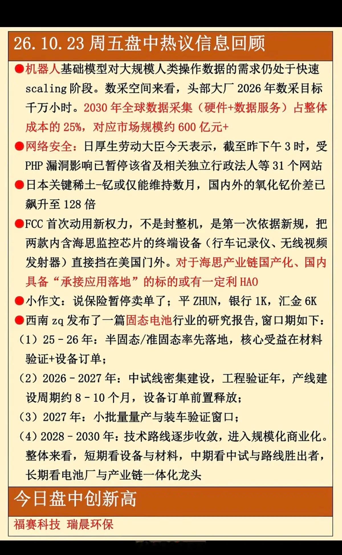 10.23周五  晚间：市场热议+财经资讯整理！1.机器人，数据服务2.网络安全