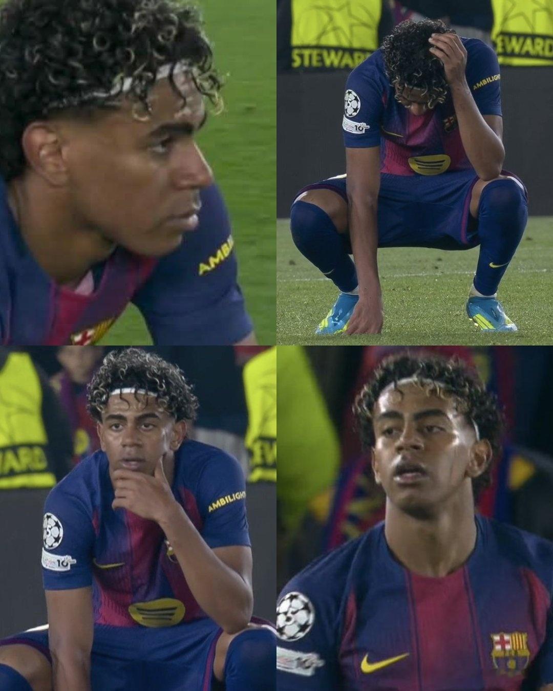 欧冠 巴塞罗那在欧冠四分之一决赛首回合比赛中惨败给马德里竞技后，亚马尔悲痛欲绝。