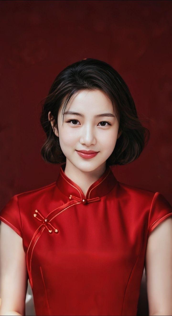 AI扩图 AI红裙浅笑