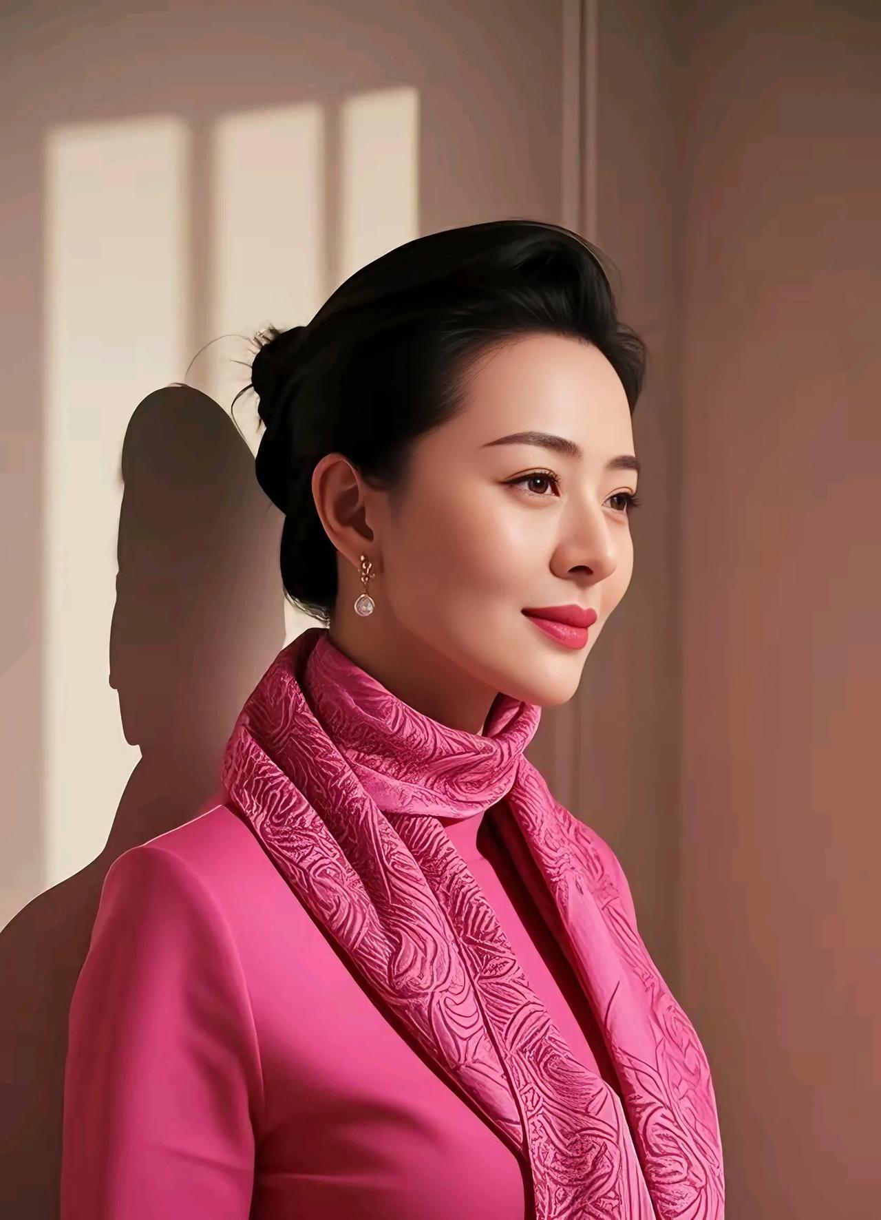 粉裳丽影韵悠长，皓腕凝脂映日光。
玉耳轻垂珠点翠，乌丝高绾意含芳。
秋波潋滟情难