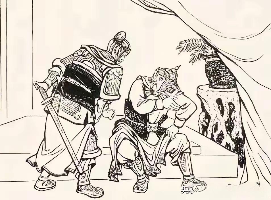 有事末将负其劳。图中一员大将把部将找来说：兄弟，咱们万事俱备了，就是对...