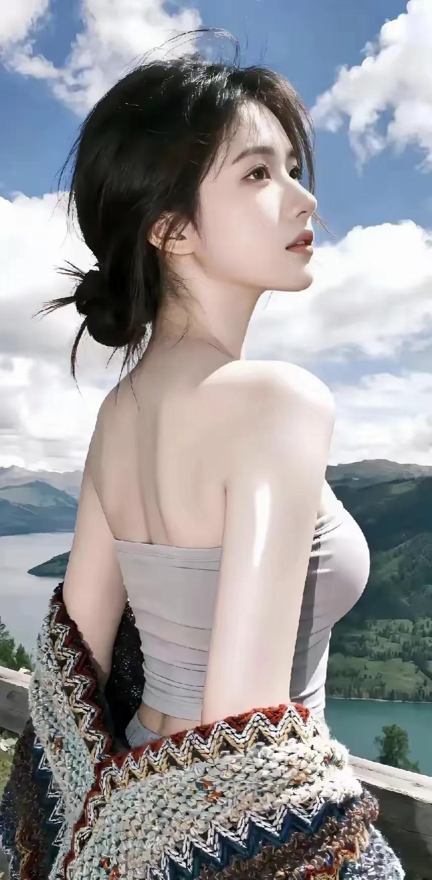 少女背对镜头，眺望湖光山色，黑发随风飘逸，清新自然。