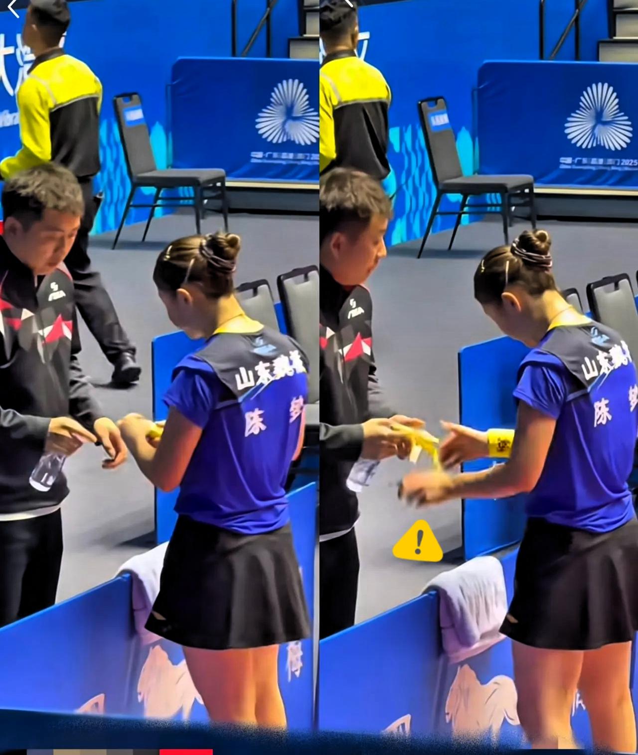 一个递香蕉的小动作，直接让我对陈梦圈粉到骨子里！
 
和蒯曼的比赛间隙，她剥开的