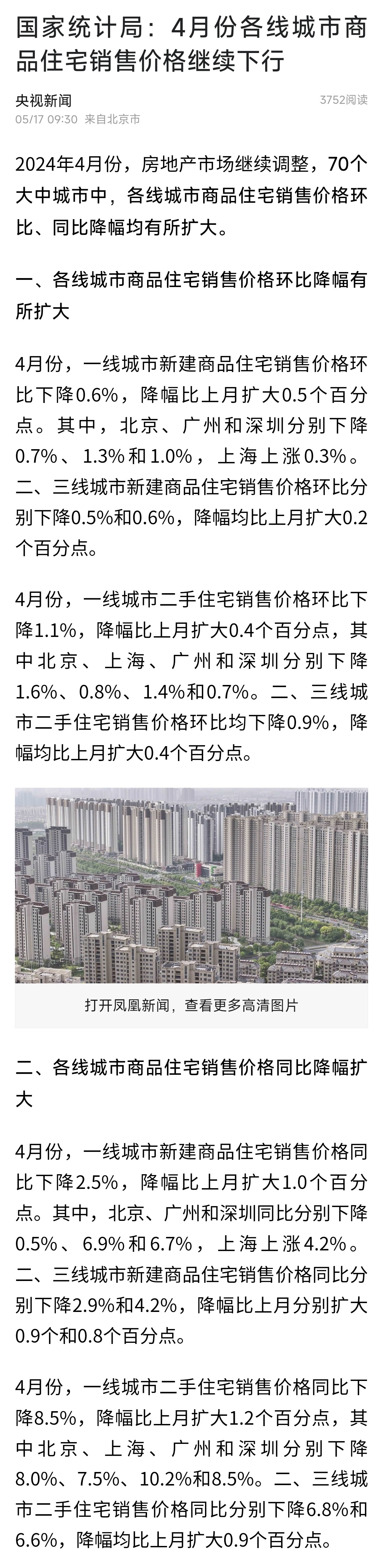 【房住不炒】4月份，一线城市二手住宅销售价格同比下降8.5%，降幅比上月扩大1.