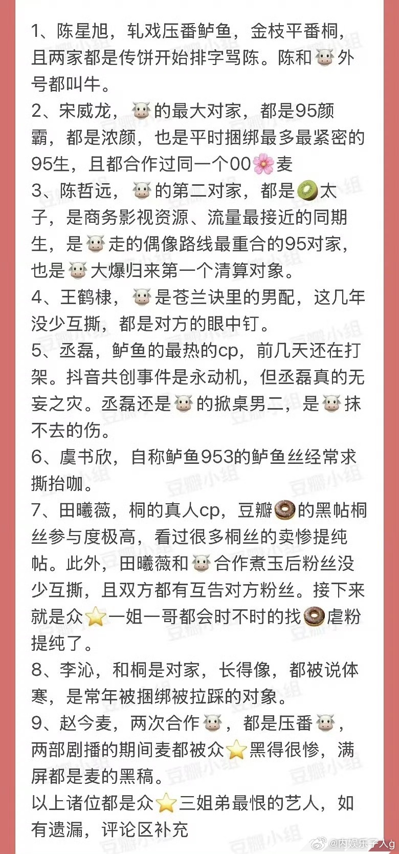 网友总结众星拉踩过的艺人：陈星旭、宋威龙、陈哲远、王鹤棣、丞磊、虞书欣、田曦薇、