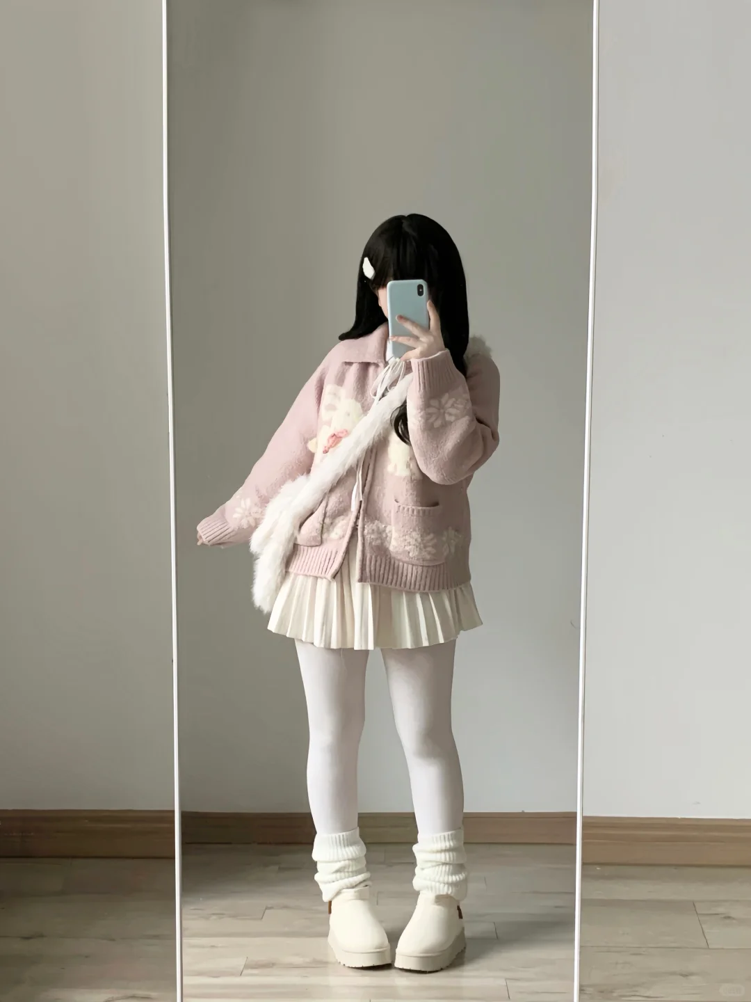 160 120｜微胖冬季不露腿穿搭🎀粉嫩小兔毛衣