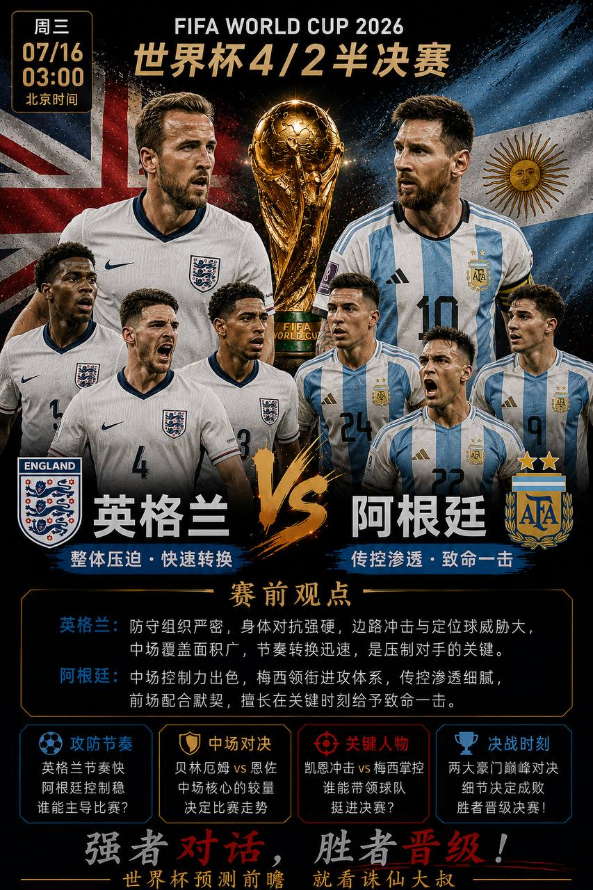 🔥大叔世界杯半决赛深度解析｜英格兰VS阿根廷：三狮军团决战潘帕斯雄鹰，谁能拿下
