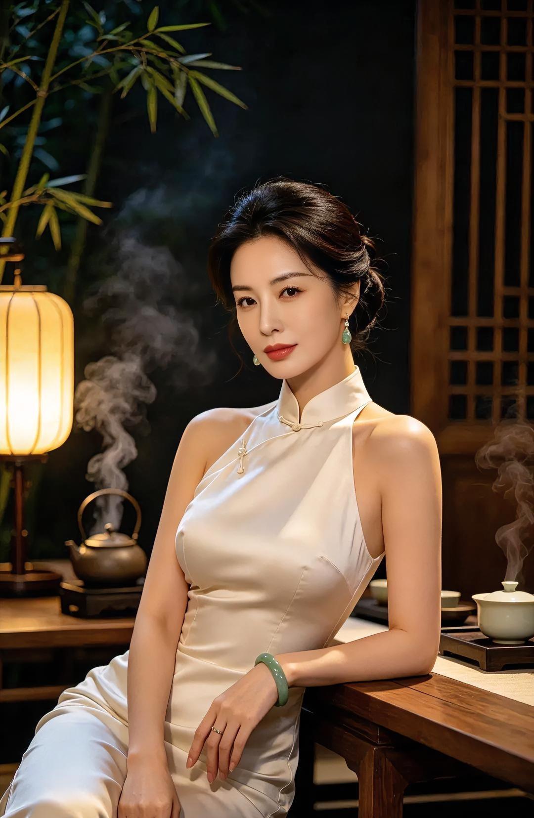 《灯下茶烟》

暖灯晕开夜的幽深，

白旗袍裹着温润的月痕。

玉镯轻扣腕间，
