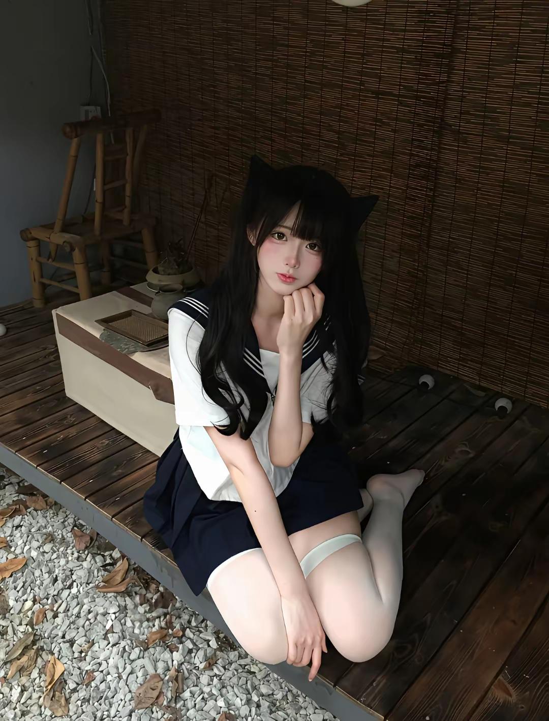 萌猫少女，竹林静坐，黑猫耳饰，日系可爱风