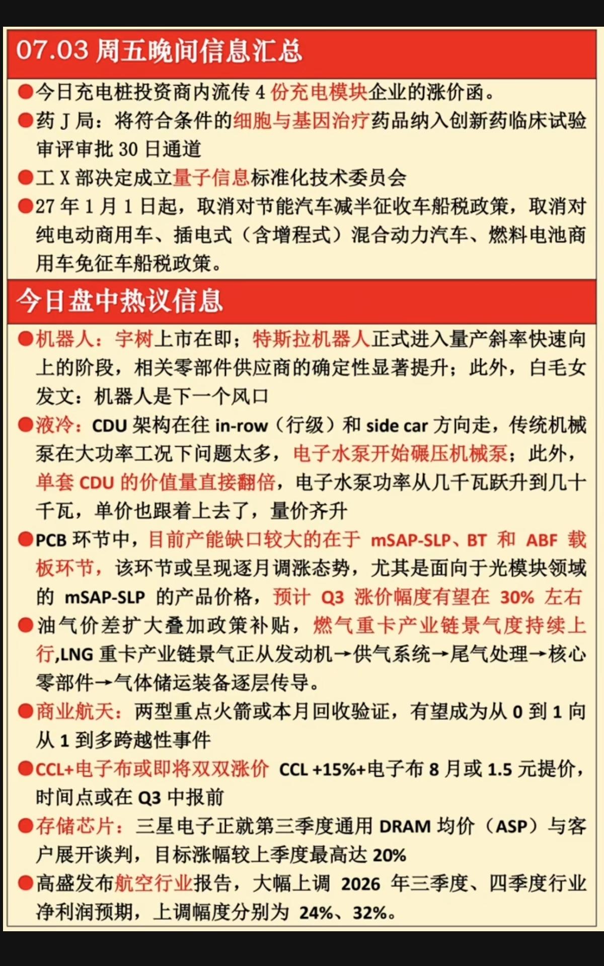 7.03周五  晚间：财经热点信息汇总！

1.充电桩
2.宇树科技
3.液冷服