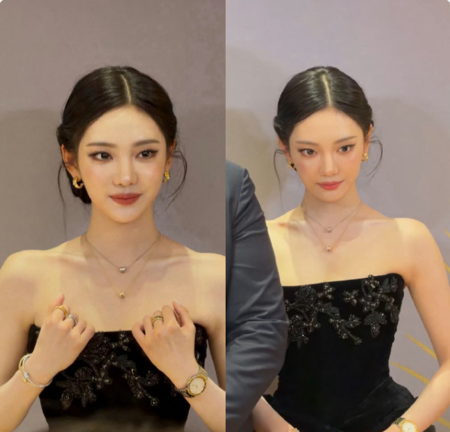 宁艺卓出席品牌活动的黑丝绒抹胸高开叉长裙造型，整体高级贵气，氛围感拉满，这套礼服