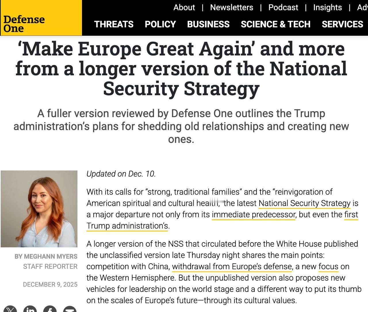 美国军媒《防务一号》披露，根据一份未公开的《美国国家安全战略》草案（既前几天发布