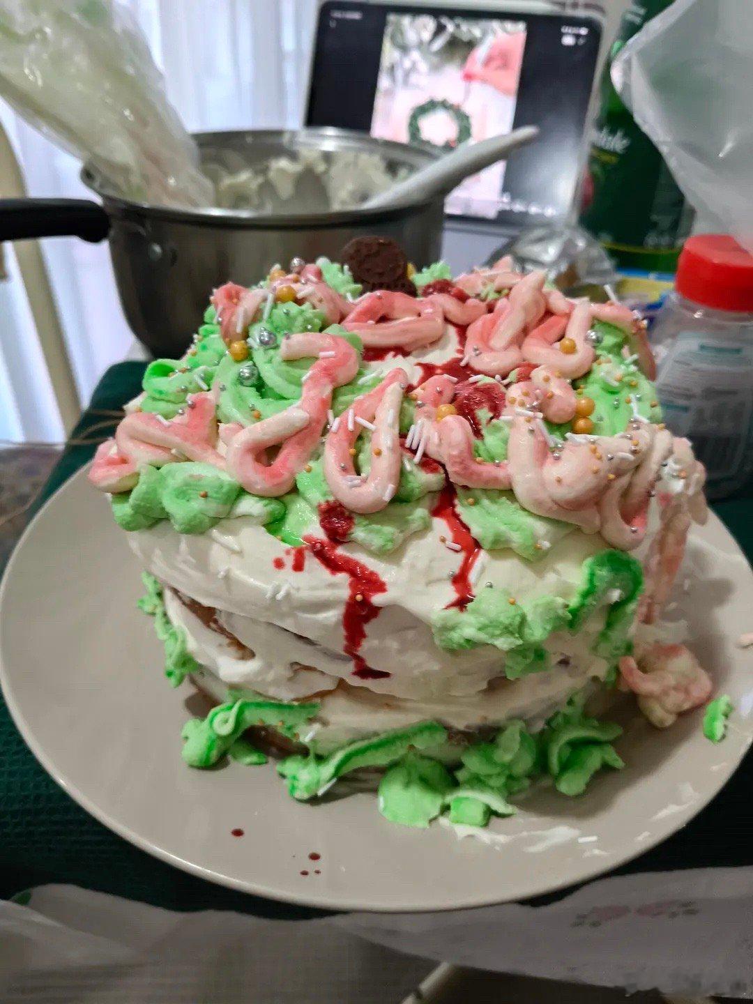 可以祝我生日快乐吗  特地找了个圣诞结的视频学着做 奶油化了 