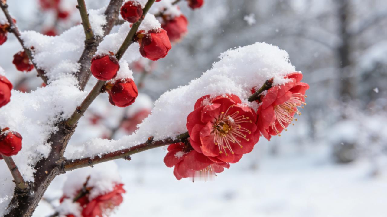 下联： 冬雪映红梅。