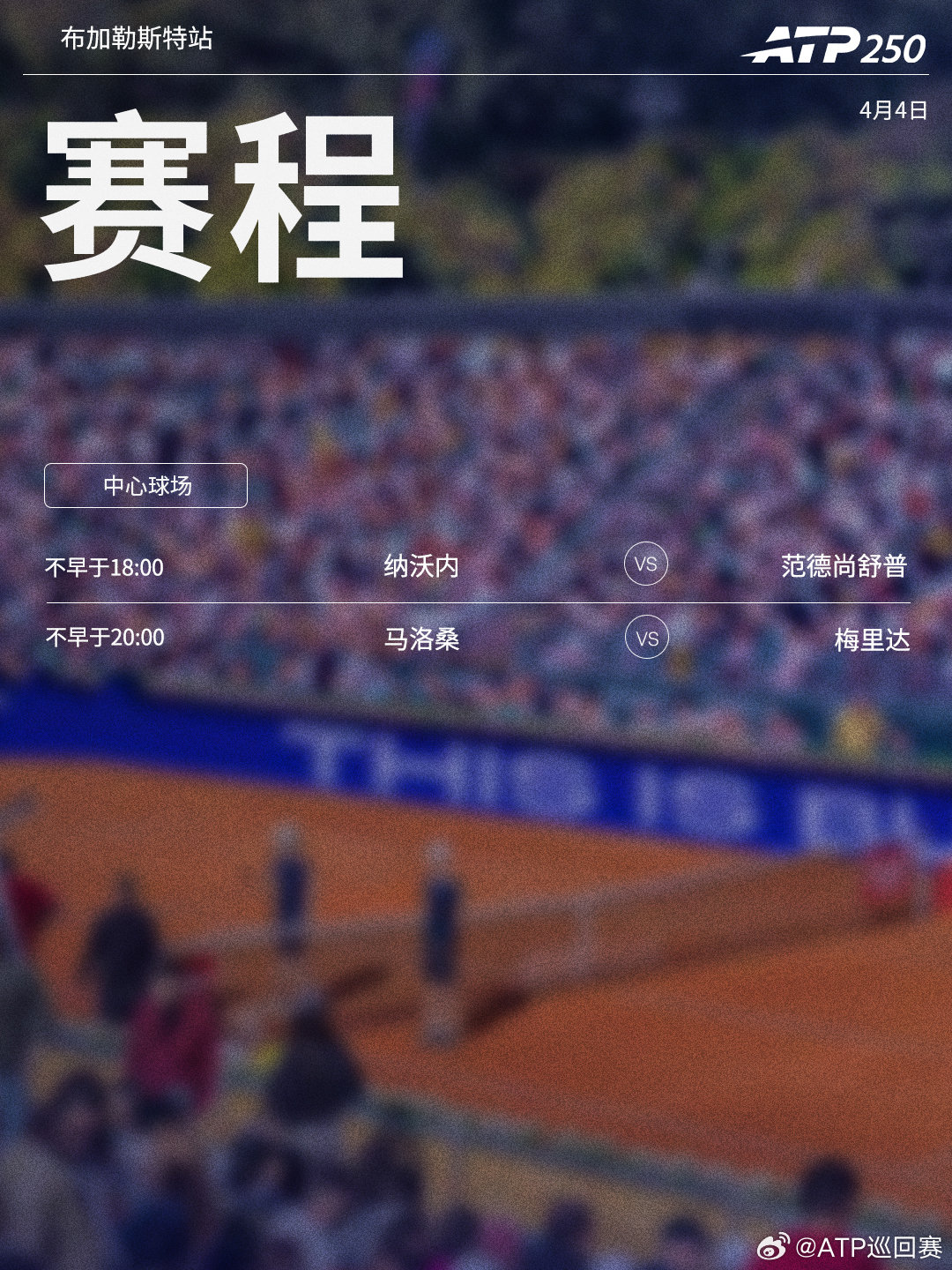 三站ATP250红土赛事周六将展开半决赛的争夺，赛程见图(均为北京时间)👀📍