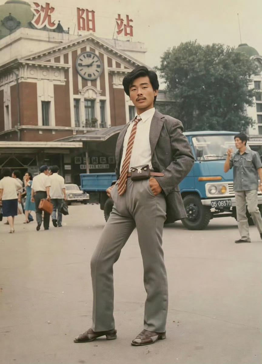 80年代沈阳潮男穿搭天花板
西装+领带+小腰包，放在现在依旧很有型。