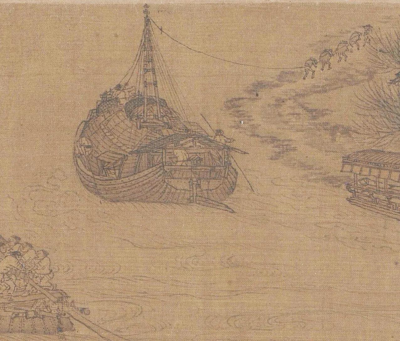张择端《清明上河图》中有两组纤夫拉纤的场景，船只都很大，却只有5位纤夫。他们拉得
