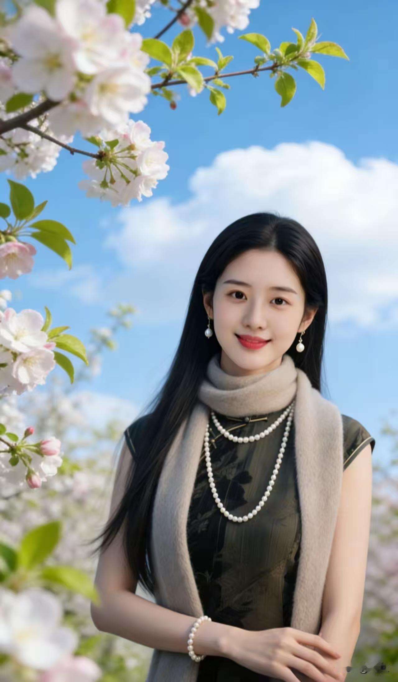 水仙子·春棠雅韵
墨绫轻束楚腰盈，
珠佩摇来月色清。
云绒暖映鬓云软，
唇红点玉