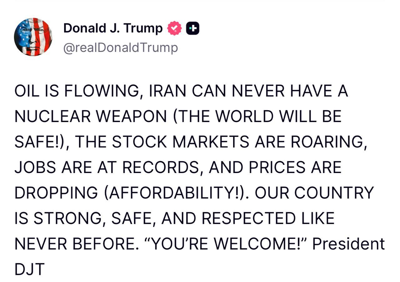 🇺🇸 特朗普又开始自我吹捧了：
特朗普发文自吹自擂：
1.运出霍尔木兹海峡的