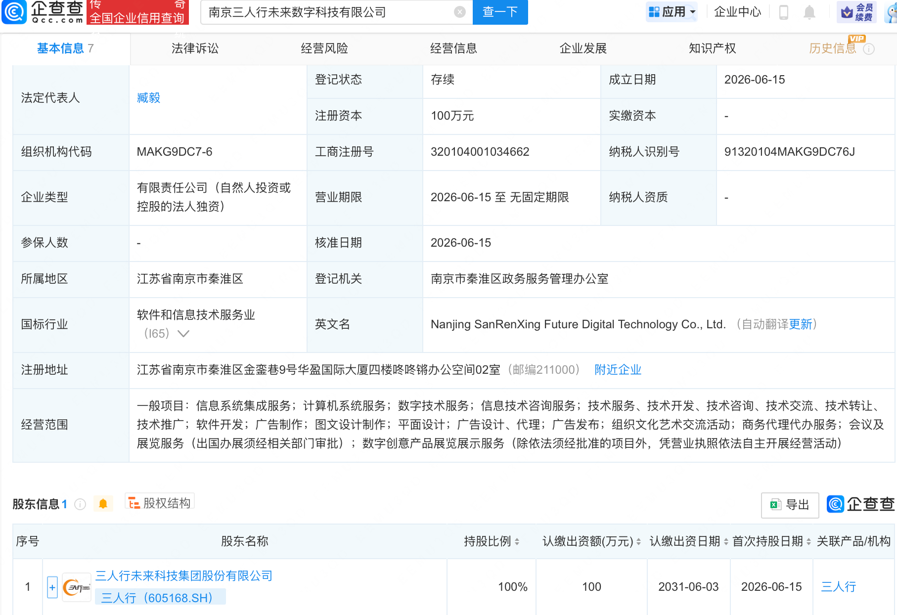 三人行投资成立未来数字科技公司